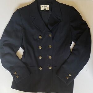 Kasper Double-Breasted Dark Navy Blue Blazer with Gold Tone Buttons